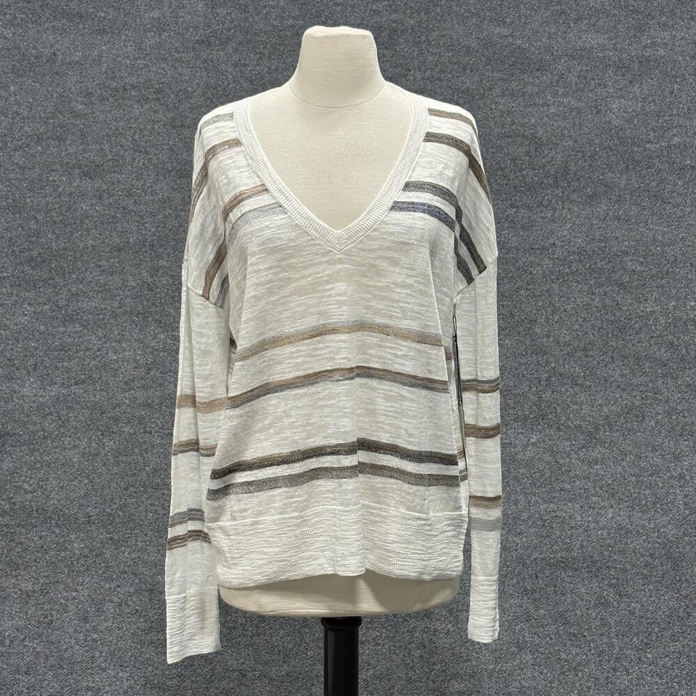 White + Warren Sweater Womens Medium White Mauve Spacedye Stripe V Neck Pullover